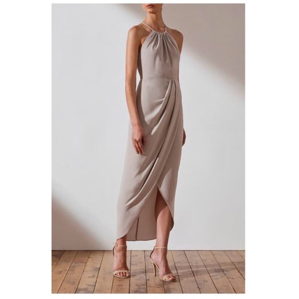 Shona Joy Core High Neck Ruched Dress Oyster Gray Size 4 NWT